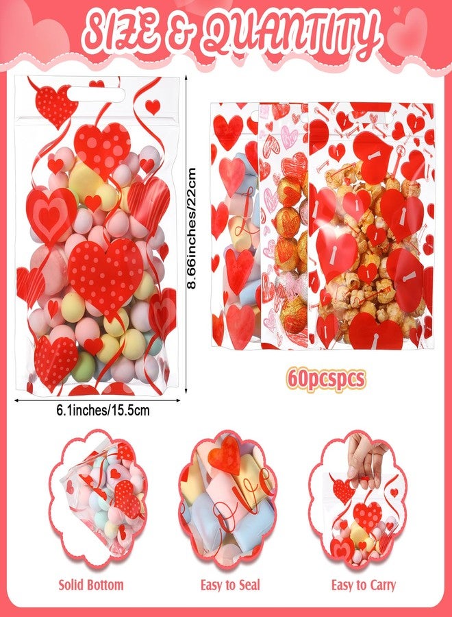 Gilprop 60 Pcs Valentines Day Clear Gift Bags Plastic Red Heart Candy Goodie Bags with Handles for Sweet Day Party Favors Classroom Gift Exchange Birthday Party Supplies - Image 2