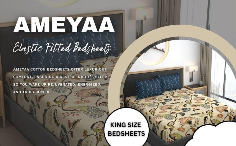 AMEYAA Cotton Feel Glace Cotton Elastic Fitted Printed King Size Double Bed Bedsheet with 2 Pillow Cover Fits Upto 8 inches Mattress,Size- 72x78x10 Inches - Image 3