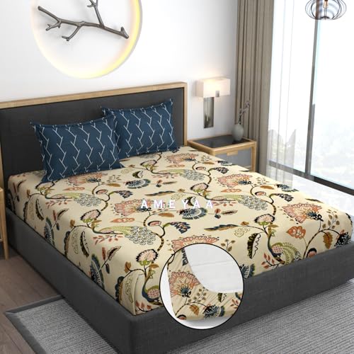 AMEYAA Cotton Feel Glace Cotton Elastic Fitted Printed King Size Double Bed Bedsheet with 2 Pillow Cover Fits Upto 8 inches Mattress,Size- 72x78x10 Inches - Image 2