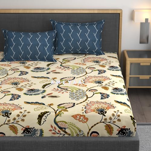 AMEYAA Cotton Feel Glace Cotton Elastic Fitted Printed King Size Double Bed Bedsheet with 2 Pillow Cover Fits Upto 8 inches Mattress,Size- 72x78x10 Inches - Image 1