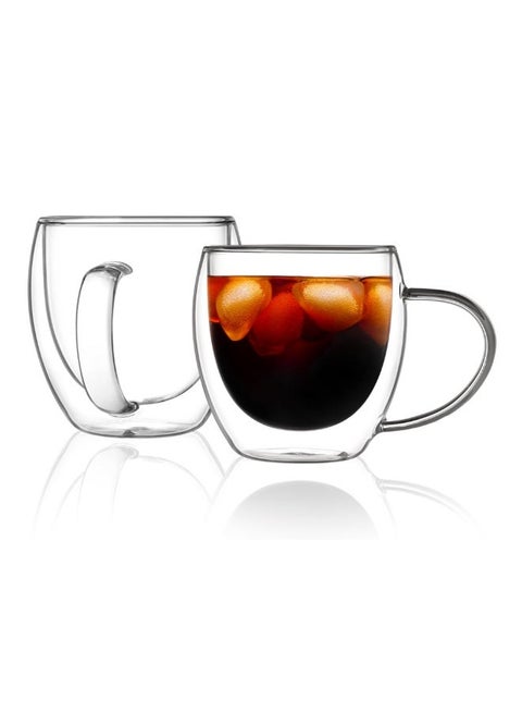 Set of 2 Double Wall Glass Coffee Mugs with Handle 8.5 OZ 250 ML Clear Insulated Coffee Mug Espresso Cups Cappuccino Latte Tea Cups Set for Hot and Cold Beverages Heat Resistant Borosilicate Clear Glass Coffee Cups Set