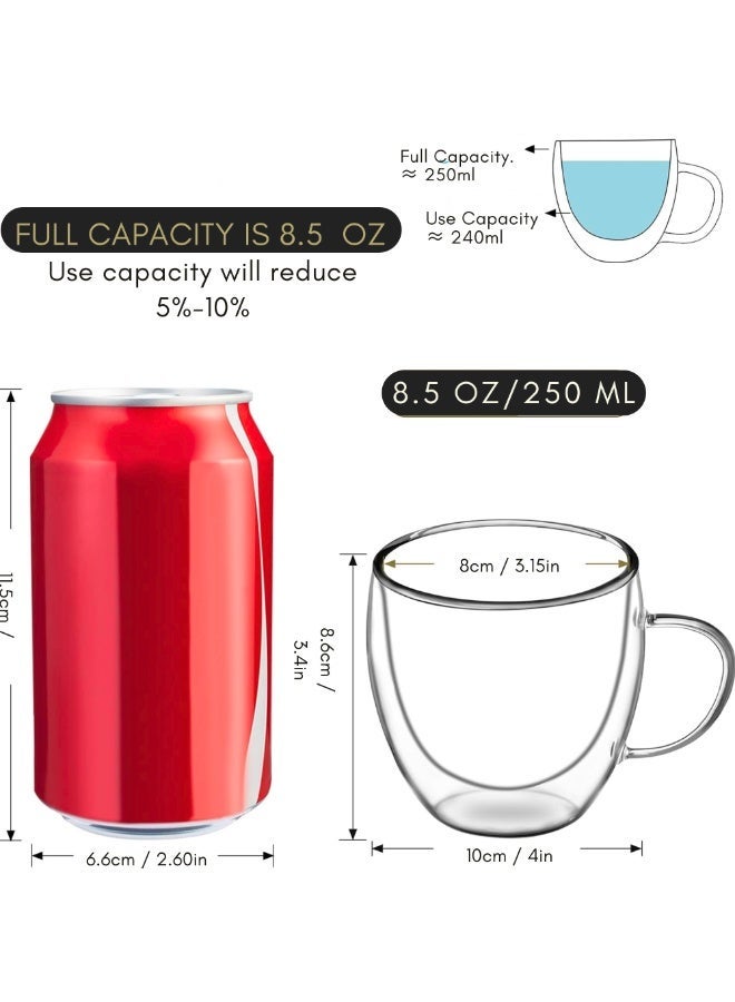 VIO Set of 2 Double Wall Glass Coffee Mugs with Handle 8.5 OZ 250 ML Clear Insulated Coffee Mug Espresso Cups Cappuccino Latte Tea Cups Set for Hot and Cold Beverages Heat Resistant Borosilicate Clear Glass Coffee Cups Set - Image 5