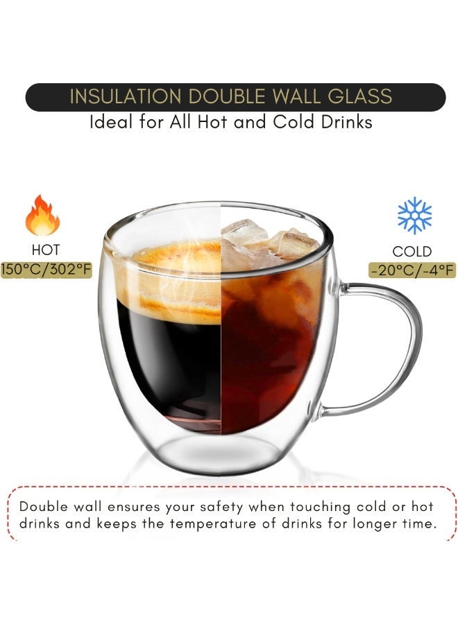 VIO Set of 2 Double Wall Glass Coffee Mugs with Handle 8.5 OZ 250 ML Clear Insulated Coffee Mug Espresso Cups Cappuccino Latte Tea Cups Set for Hot and Cold Beverages Heat Resistant Borosilicate Clear Glass Coffee Cups Set - Image 2