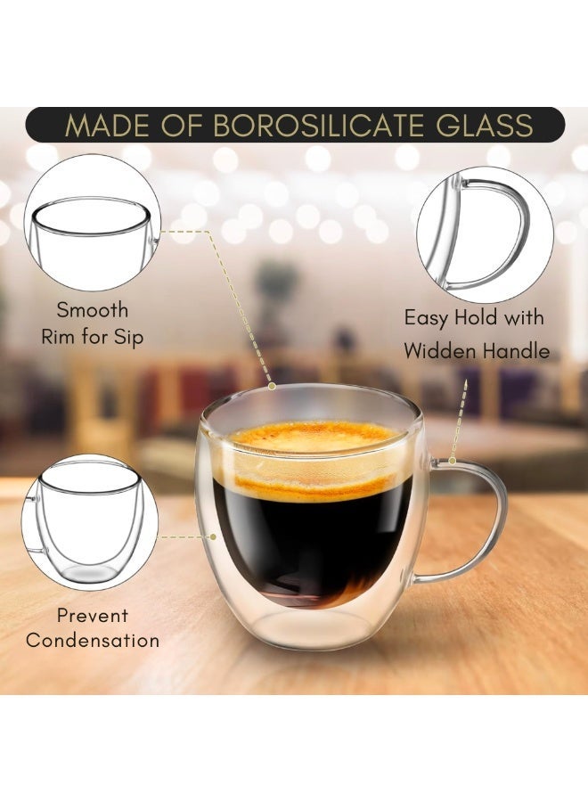 VIO Set of 2 Double Wall Glass Coffee Mugs with Handle 8.5 OZ 250 ML Clear Insulated Coffee Mug Espresso Cups Cappuccino Latte Tea Cups Set for Hot and Cold Beverages Heat Resistant Borosilicate Clear Glass Coffee Cups Set - Image 4