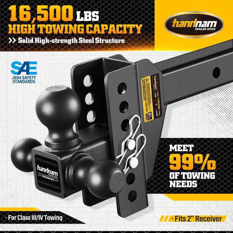 HANDNAM Drop Hitch Adjustable Trailer Hitch, Tow Hitch with 6-Inch Drop/Rise for Truck (16,500 LBS GTW), Adjustable Drop Hitch Fits 2-Inch Receiver, Trailer Hitches with Double Anti-Theft Pins Locks - Image 2