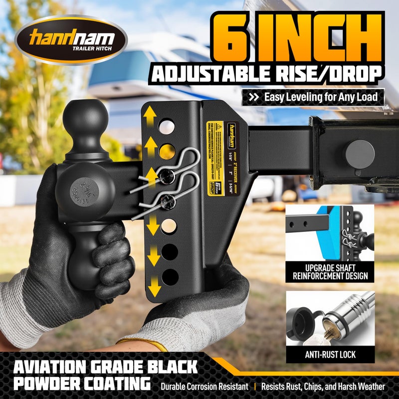 HANDNAM Drop Hitch Adjustable Trailer Hitch, Tow Hitch with 6-Inch Drop/Rise for Truck (16,500 LBS GTW), Adjustable Drop Hitch Fits 2-Inch Receiver, Trailer Hitches with Double Anti-Theft Pins Locks - Image 4