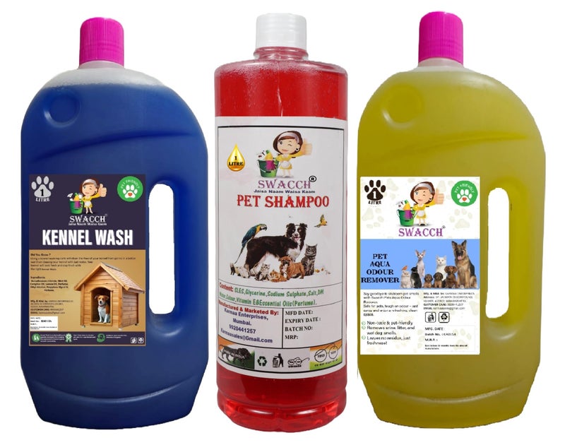 swacch Kennel Wash (Lavender) + Pet Shampoo (Strawberry) I Pet Aqua Odour Remover (Lemon) 1 Litre Combo Pack of 3 Economical Pack I Dog and Cat Friendly - Image 1