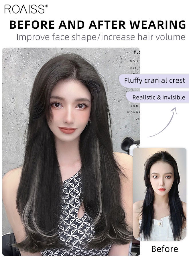 roaiss V-shaped Brown Black Hair Extensions, One-piece Micro-curl Seamless Hair Extensions with 5 Hair Clips, Light and Invisible to Increase Hair Volume Suitable for Women Girls, 45cm/60cm  - Image 2