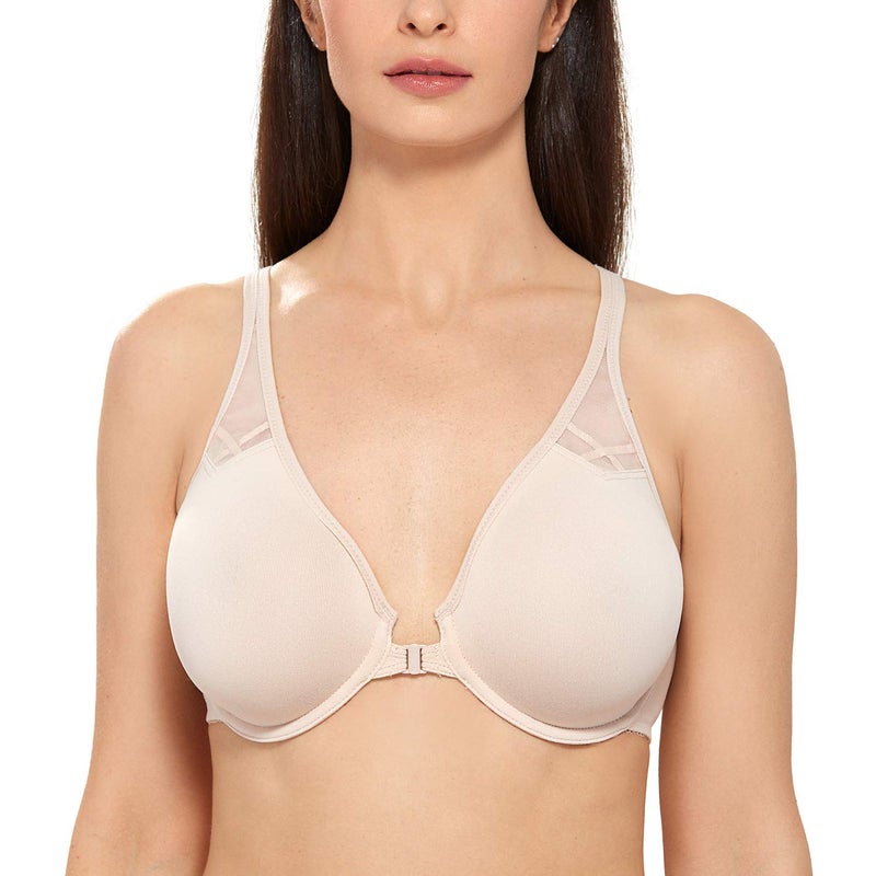 DELIMIRA Women's Front Closure Racerback Bras Plus Size Full Coverage Supportive Underwire Plunge Unlined Bra Beige 32C - Image 1