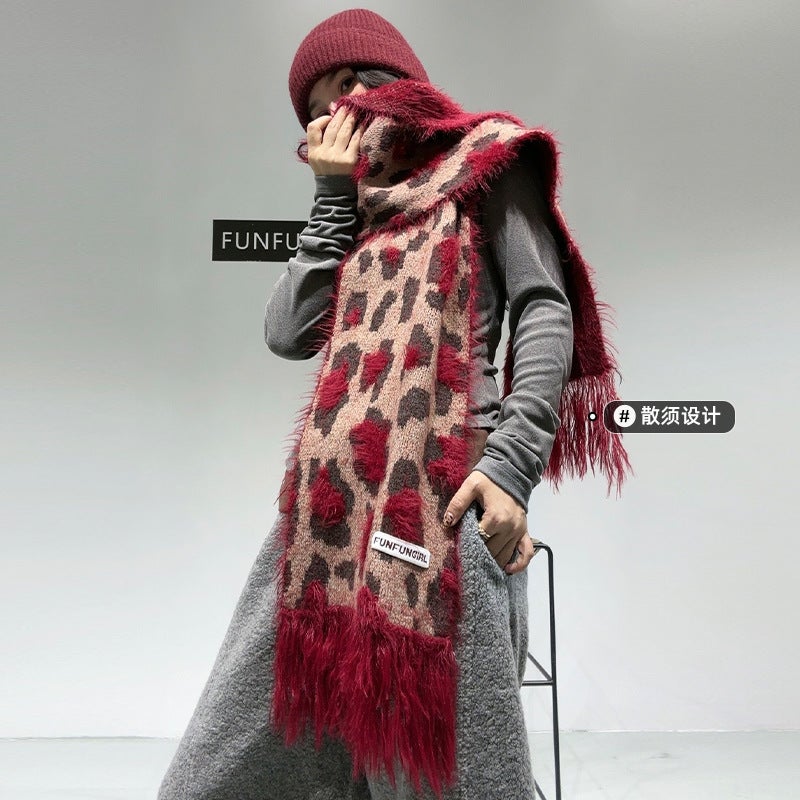 Leopard Wool Scarf Women'S High-End Cashmere Shawl South Korea Spice Girl Style Tassel Thickened Warm Neck - Image 2