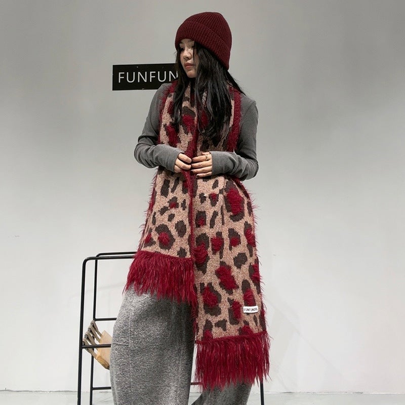 Leopard Wool Scarf Women'S High-End Cashmere Shawl South Korea Spice Girl Style Tassel Thickened Warm Neck - Image 1