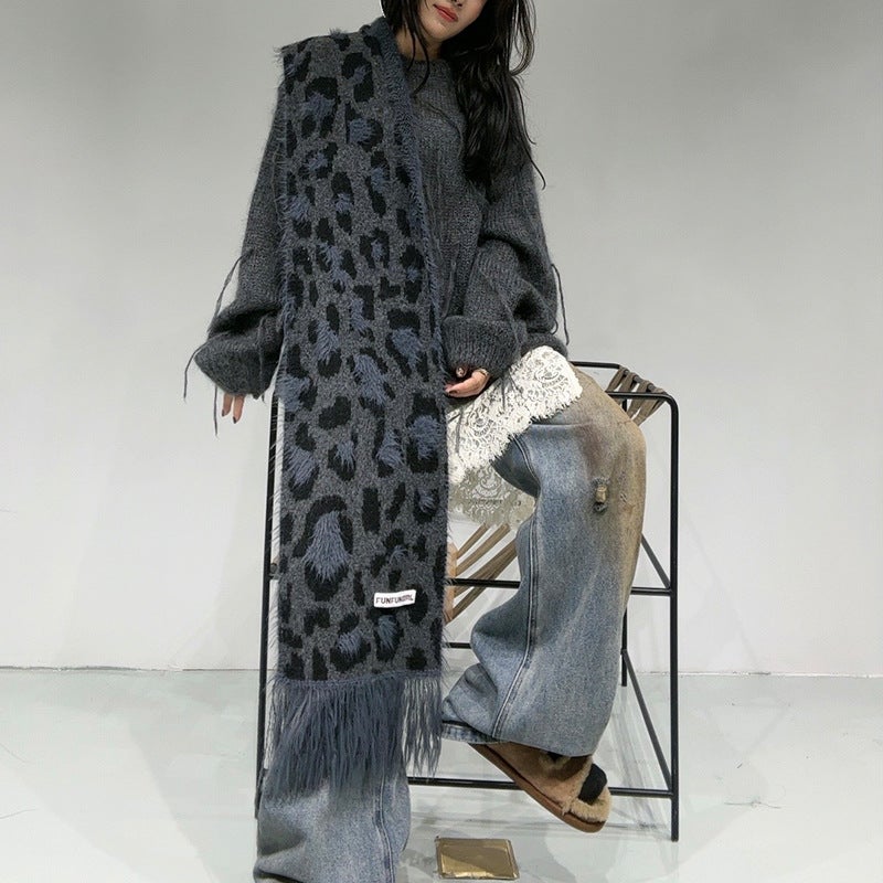 Leopard Wool Scarf Women'S High-End Cashmere Shawl South Korea Spice Girl Style Tassel Thickened Warm Neck - Image 5