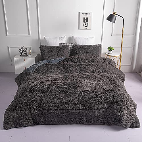 chovy Faux Fur Plush Gray Comforter Sets Twin/Full Size - Ultra Soft Shaggy Flannel Velvet Fluffy Fuzzy 3PC Bedding Set （Comforter x 1 Pillowcases x 2） - Image 1