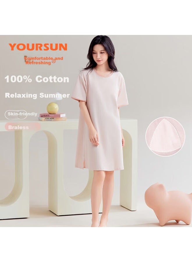 Your Sun Comfortable And Refreshing Cotton Sleep Dress With Chest Pad For Women, Short Sleeve Simple Loose Round Neck Ladies' Nightgown For Spring And Summer Home Wear - Image 1
