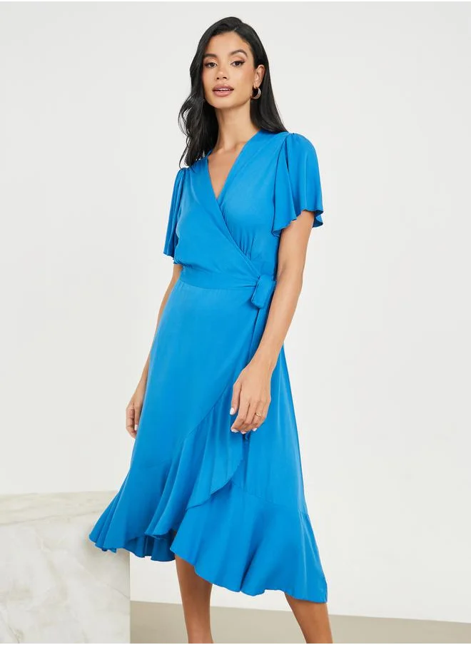 Styli Ruffle Asymmetric Hem Wrap Midi Dress