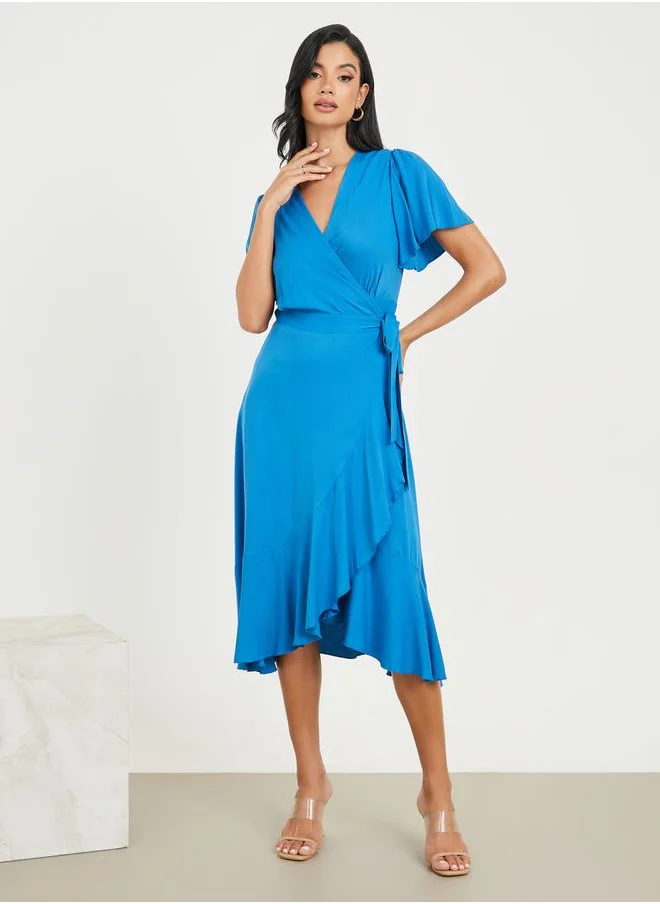 Styli Ruffle Asymmetric Hem Wrap Midi Dress