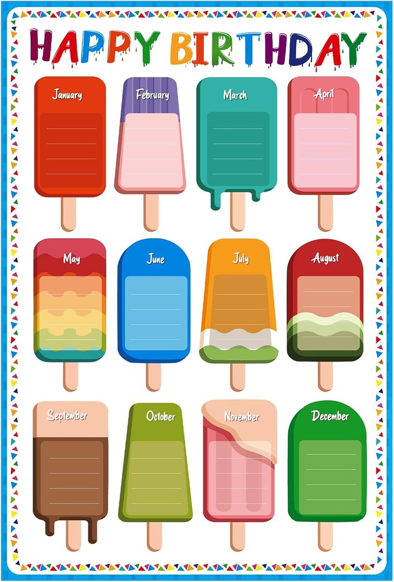 D4DREAM Happy Birthday Chart Poster Watercolor Classroom Birthday Chart 16.5"x 11" Ice Pop Birthday Poster for Classroom Decorations Colorful Birthday Chart Decor for Back to School Teaching Supplies - Image 1