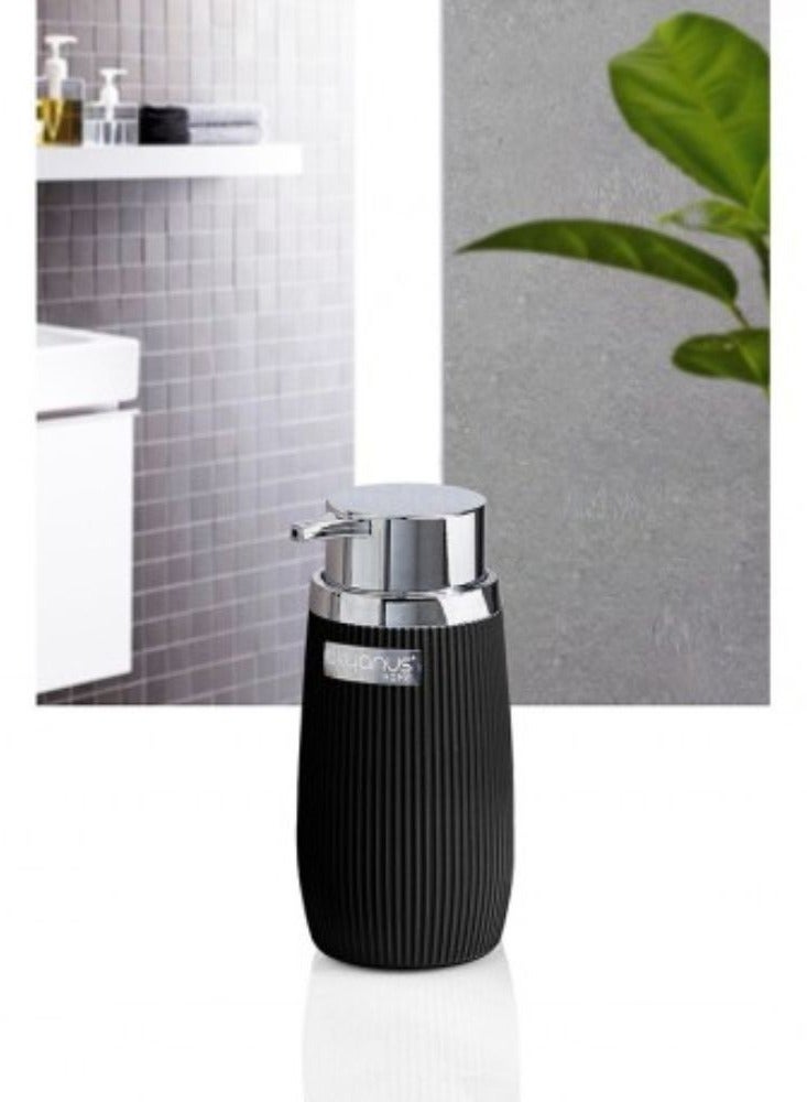 اوكانيوس  موزع صابون مخطط من الأكريليك سعة 300 مل قابل لإعادة التعبئة مع رأس مضخة من الكروم، ملحق أنيق للحمام والمطبخ، 8 سم عرض × 15.8 سم ارتفاع، أسود - Image 2