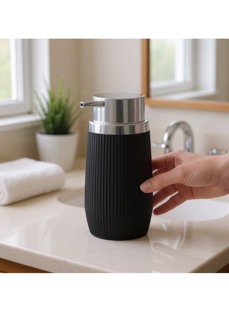 اوكانيوس  موزع صابون مخطط من الأكريليك سعة 300 مل قابل لإعادة التعبئة مع رأس مضخة من الكروم، ملحق أنيق للحمام والمطبخ، 8 سم عرض × 15.8 سم ارتفاع، أسود - Image 3