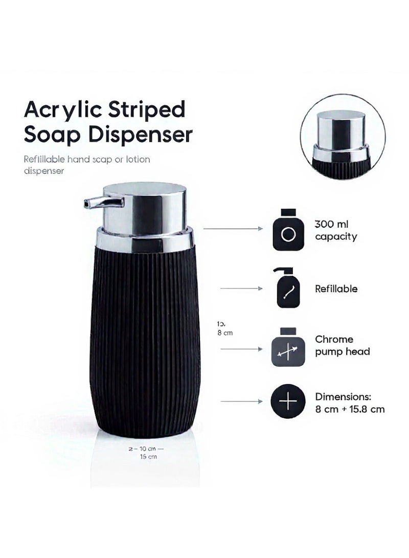 اوكانيوس  موزع صابون مخطط من الأكريليك سعة 300 مل قابل لإعادة التعبئة مع رأس مضخة من الكروم، ملحق أنيق للحمام والمطبخ، 8 سم عرض × 15.8 سم ارتفاع، أسود - Image 5