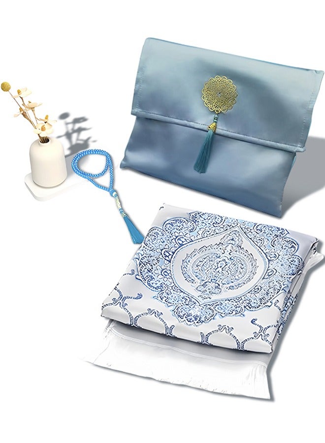 Sunnaltree 3PCS Prayer Mat Set, Beautiful Prayer Mat, With Pouch and Tasbih, Premium Quality Skin Friendly Materiel, Foldable Prayer Carpet Mat, Ideal for Home, Travelling, At Office, At Work, For Ramadan, Eid Etc, Best Gift Idea Prayer(Blue) - Image 1