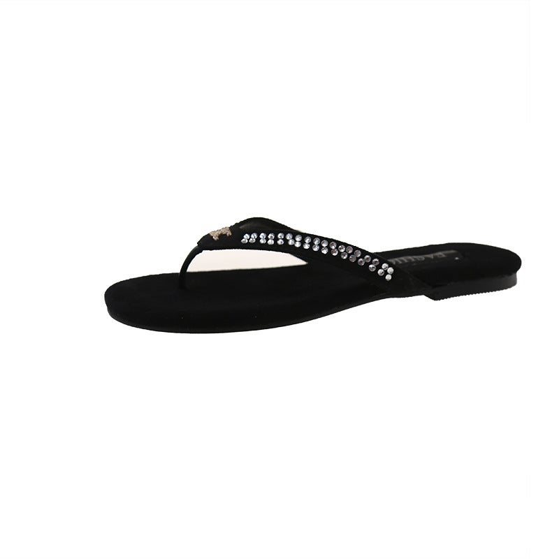 Chanel-Style Rhinestone Pearl Flip-Flops for Women, Summer Flat Thong Sandals