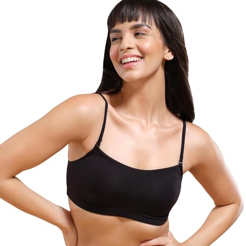Enamor A022 Basic Cotton Stretch Cami with Detachable Straps Bra - Non-Padded Wirefree High Coverage - Black - Image 1