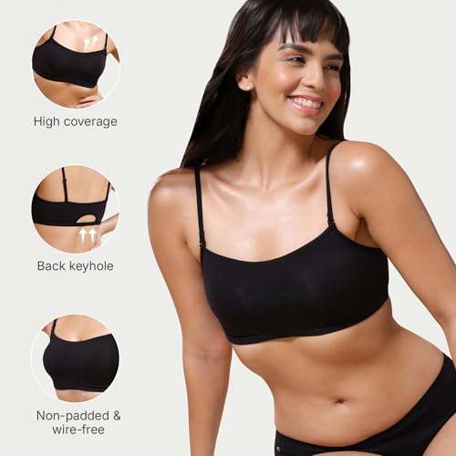 Enamor A022 Basic Cotton Stretch Cami with Detachable Straps Bra - Non-Padded Wirefree High Coverage - Black - Image 3