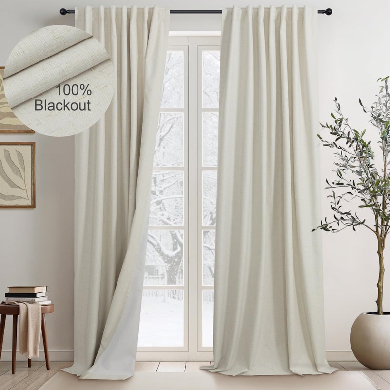 DANCURTON 78 Inch Long Linen Blackout Curtains 2 Panels Set for 76-80 Inch Window Drapes Back Tab Rod Pocket Pleated Boho Room Darkening Curtains for Sliding Glass Door Thermal 52x78 in Length Beige - Image 1
