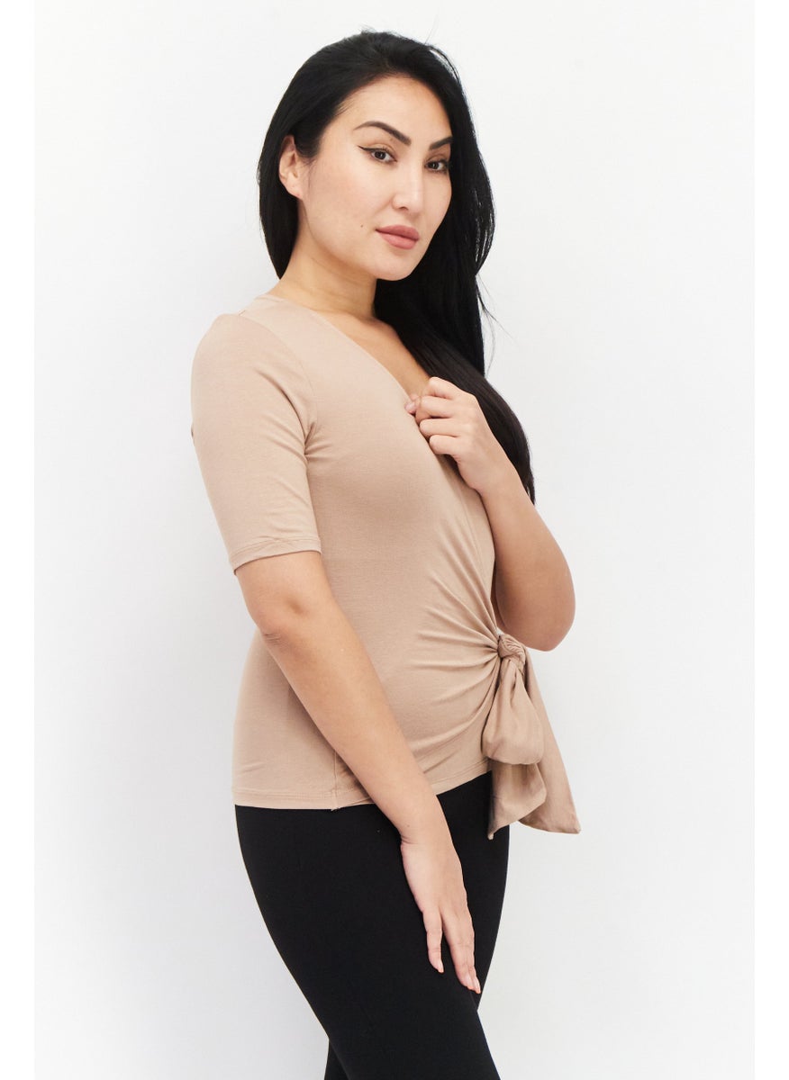 NA-KD - Women V-Neck Short Sleeves Plain Top, Tan - Image 1