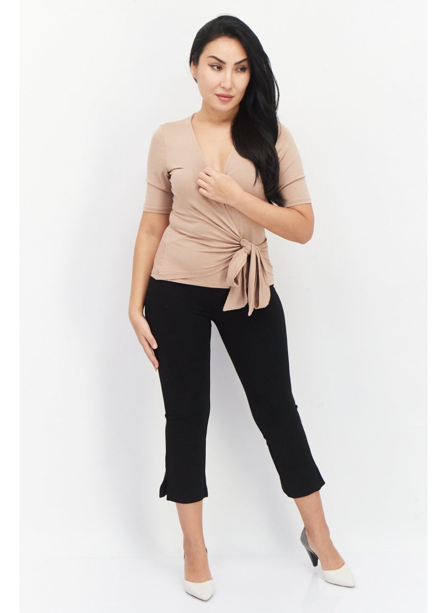 NA-KD - Women V-Neck Short Sleeves Plain Top, Tan - Image 1
