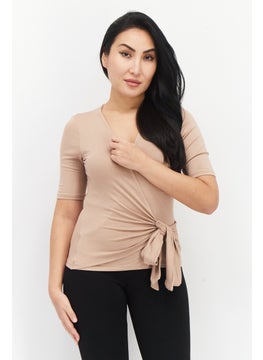 Women V-Neck Short Sleeves Plain Top, Tan