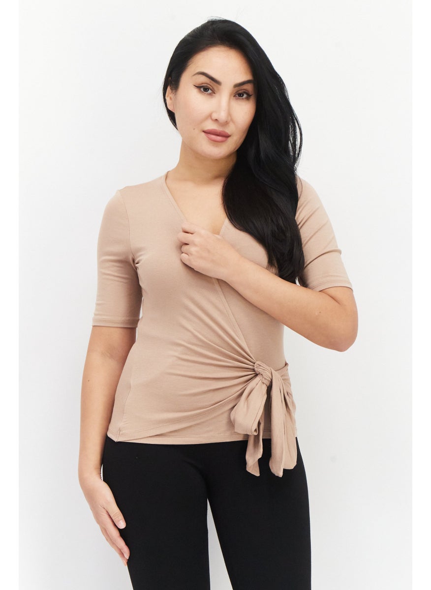 NA-KD - Women V-Neck Short Sleeves Plain Top, Tan - Image 1