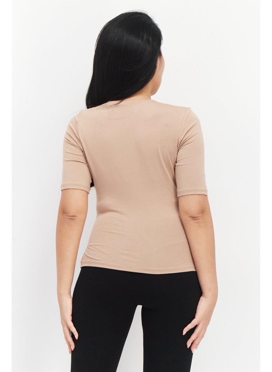NA-KD - Women V-Neck Short Sleeves Plain Top, Tan - Image 1
