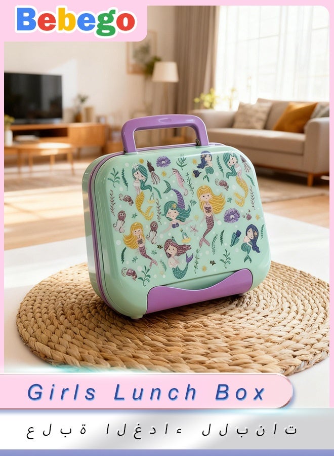 BEBEGO Printed Leak Proof Lunch Box 38.55oz, BPA Free comes with carry handle, 4 compartments, reusable two sauce cups, microwave/dishwasher/freezer safe, Dinosaur/Shark/Mermaid/Unicorn theme available, girl-boy favorites, suitable for school, picnic,back to school - Image 1