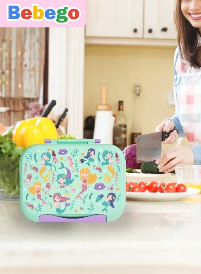 BEBEGO Printed Leak Proof Lunch Box 38.55oz, BPA Free comes with carry handle, 4 compartments, reusable two sauce cups, microwave/dishwasher/freezer safe, Dinosaur/Shark/Mermaid/Unicorn theme available, girl-boy favorites, suitable for school, picnic,back to school - Image 4