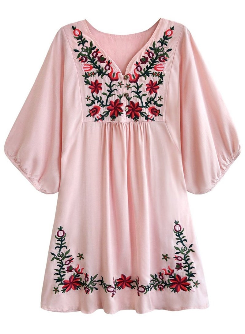 Kafeimali Women's Summer Mini Dress Bohemian Embroidery Tunic Shift Blouse (Pink) - Image 1