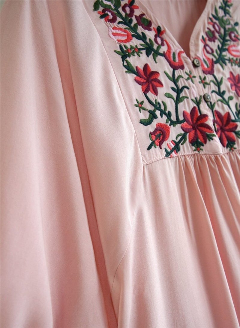 Kafeimali Women's Summer Mini Dress Bohemian Embroidery Tunic Shift Blouse (Pink) - Image 4
