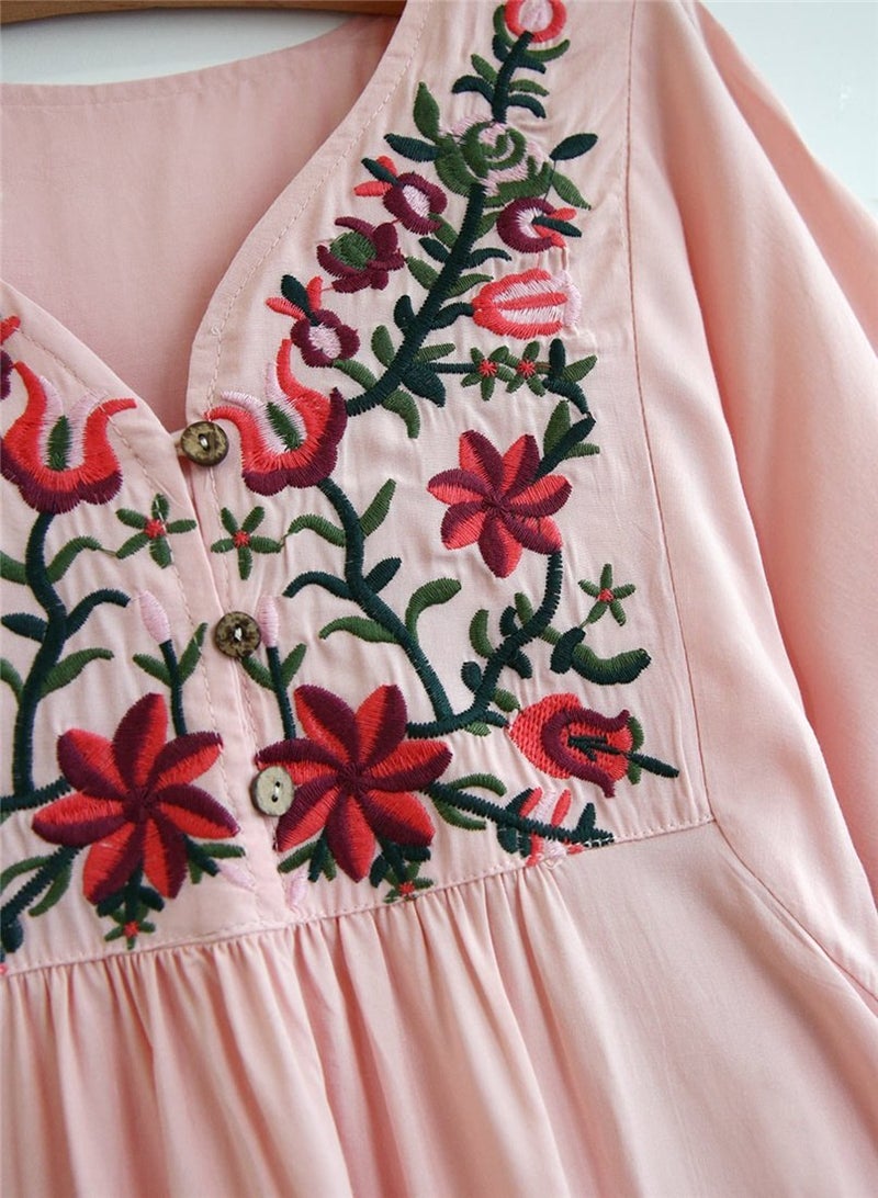 Kafeimali Women's Summer Mini Dress Bohemian Embroidery Tunic Shift Blouse (Pink) - Image 2