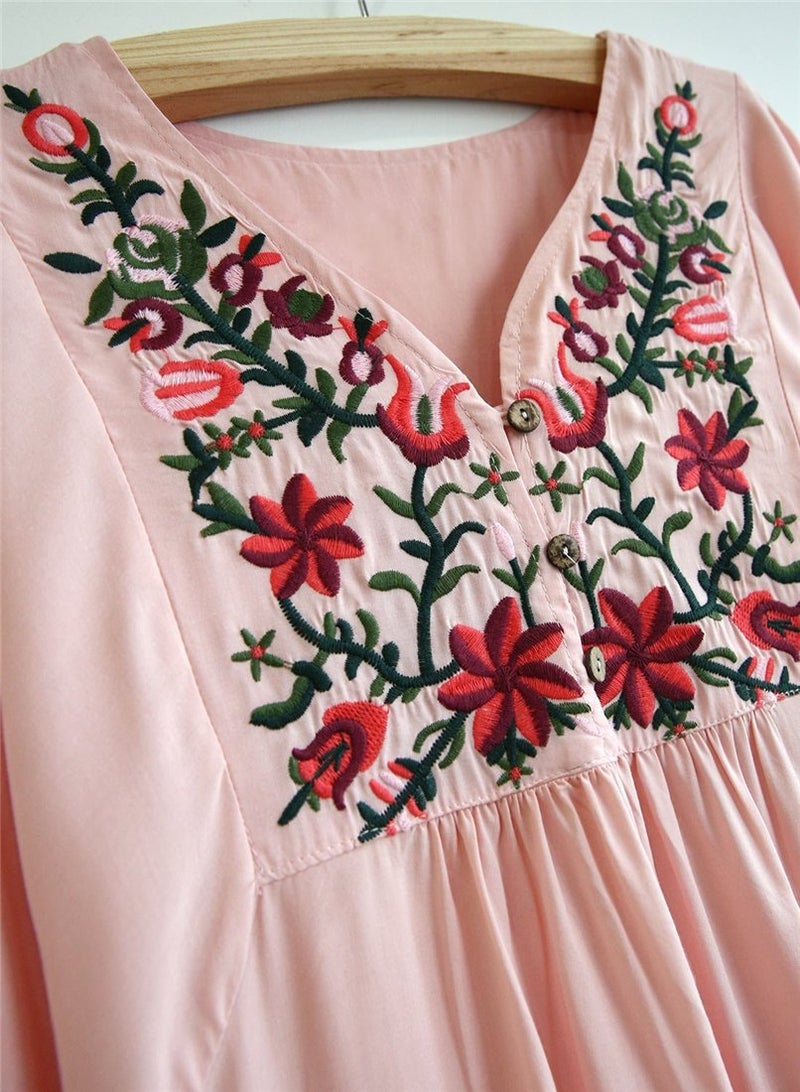 Kafeimali Women's Summer Mini Dress Bohemian Embroidery Tunic Shift Blouse (Pink) - Image 3