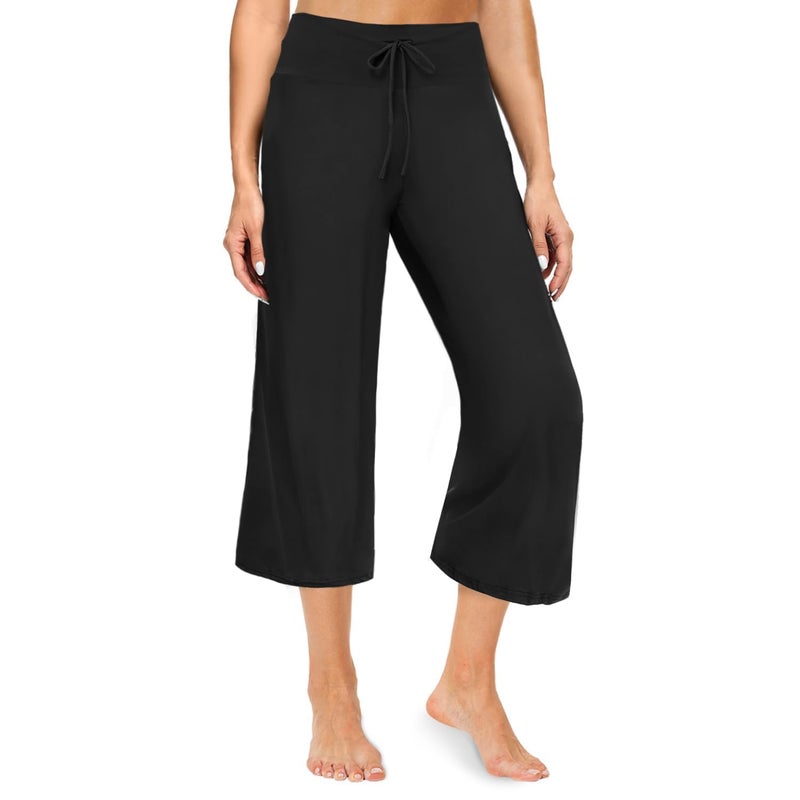 ZOOSIXX Soft Black Pajama Pants for Women, Wide Leg Comfy Casual Lounge Yoga Capri Pants 22'' / 30'' - Image 1