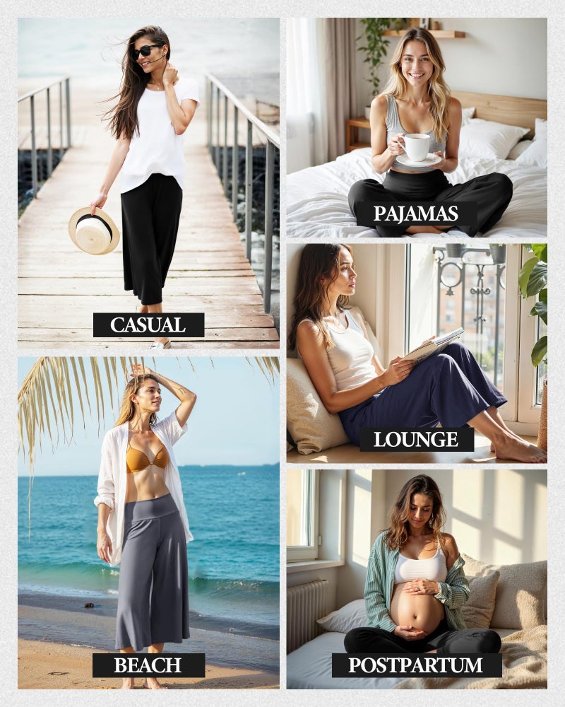ZOOSIXX Soft Black Pajama Pants for Women, Wide Leg Comfy Casual Lounge Yoga Capri Pants 22'' / 30'' - Image 5
