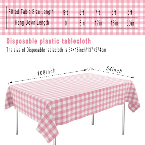 OLIVBIN 2 Pack Pink Gingham Tablecloth Pink and White Checkered Tablecloths Disposable Plastic Gingham Tablecovers Waterproof Rectangle Picnic Table Covers for Birthday Party Supplies，54 x 108 Inches - Image 2