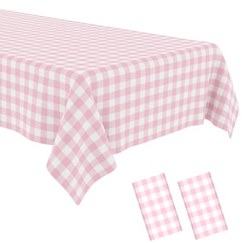 OLIVBIN 2 Pack Pink Gingham Tablecloth Pink and White Checkered Tablecloths Disposable Plastic Gingham Tablecovers Waterproof Rectangle Picnic Table Covers for Birthday Party Supplies，54 x 108 Inches - Image 1