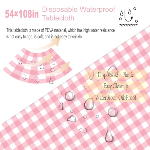 OLIVBIN 2 Pack Pink Gingham Tablecloth Pink and White Checkered Tablecloths Disposable Plastic Gingham Tablecovers Waterproof Rectangle Picnic Table Covers for Birthday Party Supplies，54 x 108 Inches - Image 5