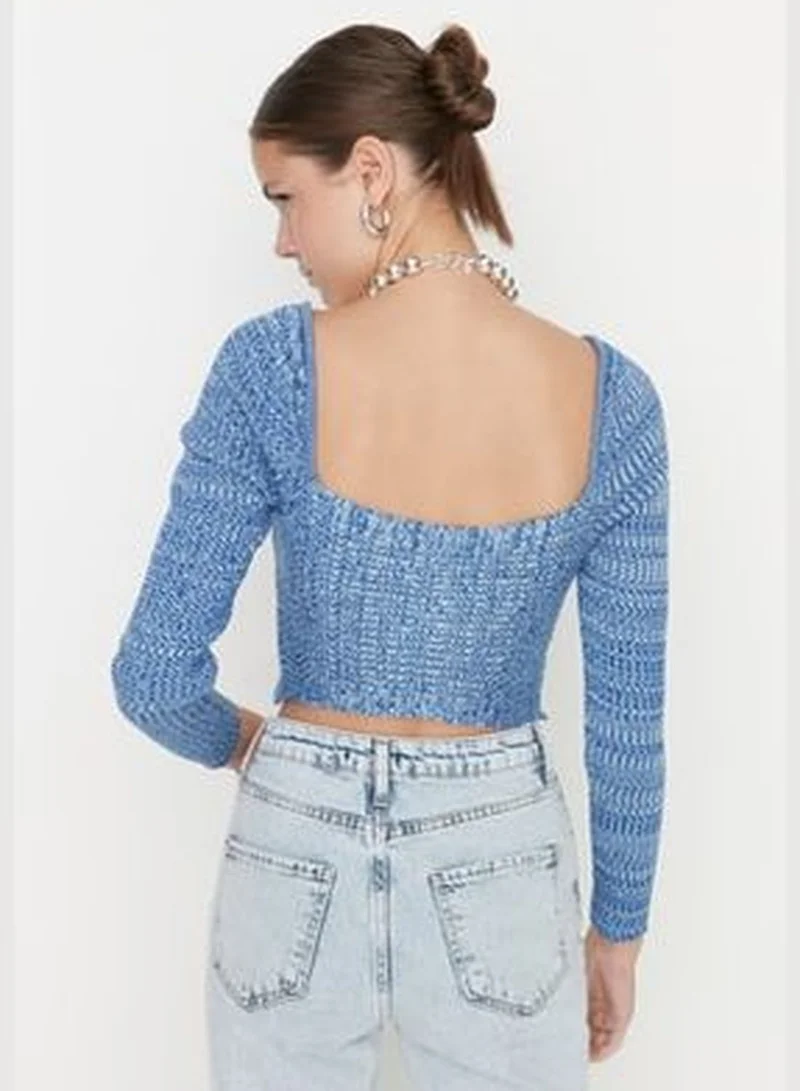 trendyol Blue Crop Premium Yarn / Special Yarn Sweetheart Knitwear Sweater TWOAW22KZ0864