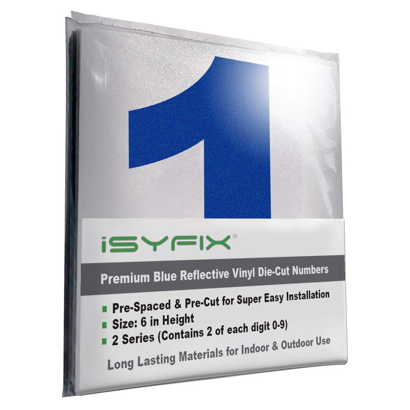 iSYFIX Reflective Blue Vinyl Numbers Stickers â€“ 6 Inch Self Adhesive (2 Sets)- Premium Decal Die Cut and Pre-Spaced for Mailbox, Signs, Window, Door, Cars, Trucks, Homes, Businesses, Indoor or Outdoor - Image 1