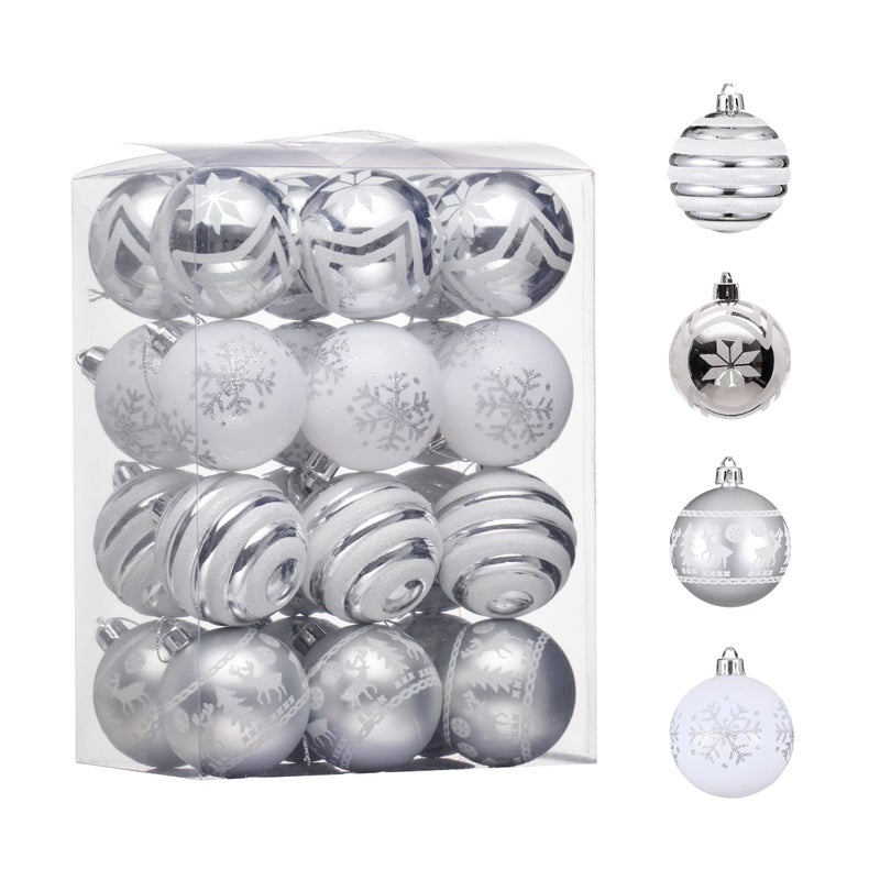 Valery Madelyn Christmas Ornaments Tree Decorations 24ct White and Silver Shatterproof Christmas Ball Ornaments Set 236 Inch Decorative Hanging Ornament Bulk for Xmas Holiday Party Decor - Image 2