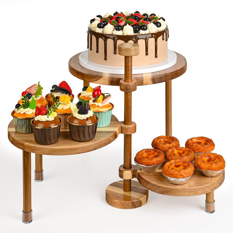 GEHE 3 Tier Round Cupcake Stand 360 Rotatable Acacia Wood Cake Stand Cupcake Tower Rustic Wooden Tiered Dessert Table Display Set Tiered Tray Stands for Birthday Wedding Party 12108 IN - Image 2