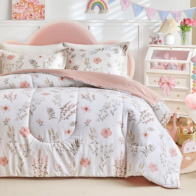 3PCS FLORAL COTTON COMFORTER SET FOR GIRLS PINK FLOWERS N LEAVES BOTANICAL DESIGN QUEEN SIZE SOFT N COZY BEDDING COMFORTER SET FOR ALL SEASON 88X88 INCHES